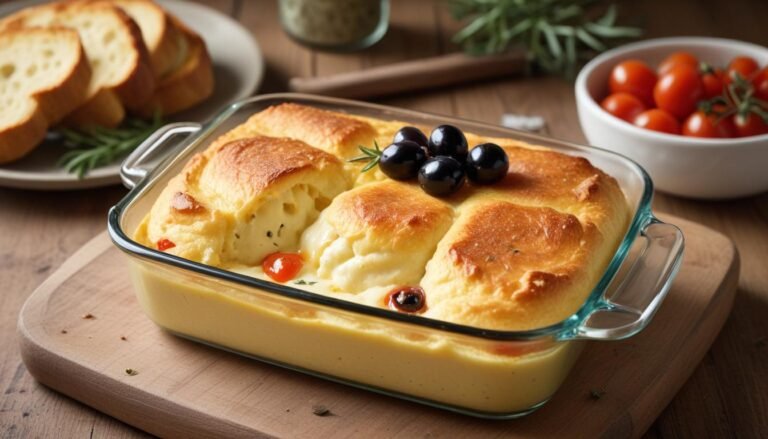 Soufle de mussarela dourado e cremoso em refratário, com queijo derretido por cima e recheio de presunto e tomate