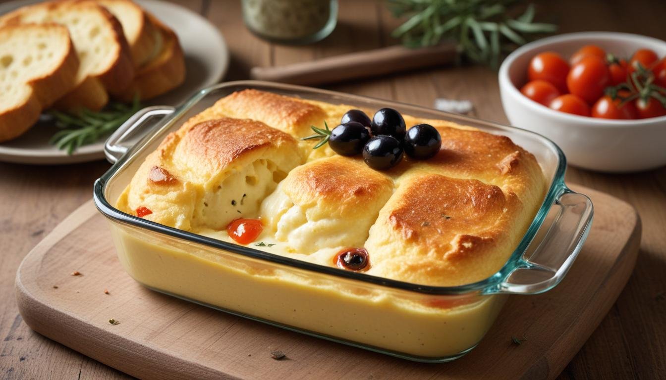 Soufle de mussarela dourado e cremoso em refratário, com queijo derretido por cima e recheio de presunto e tomate