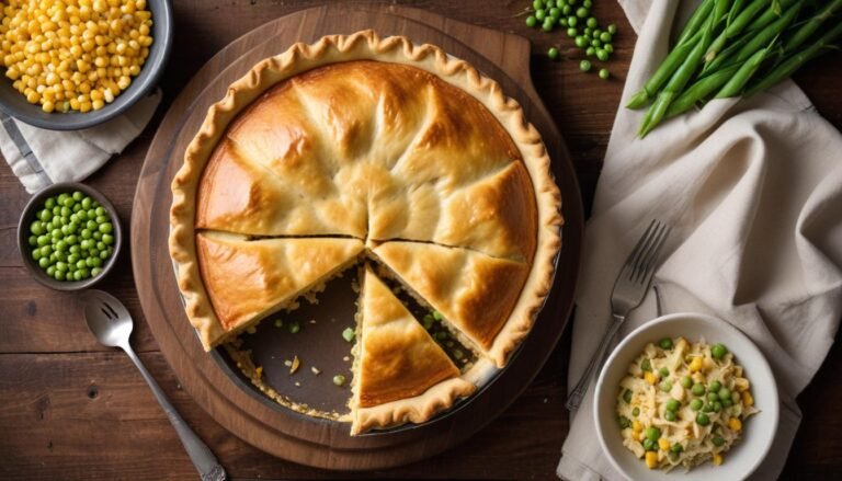 Torta air fryer marmita de frango desfiado com milho e ervilha, dourada e fatiada sobre tábua de madeira