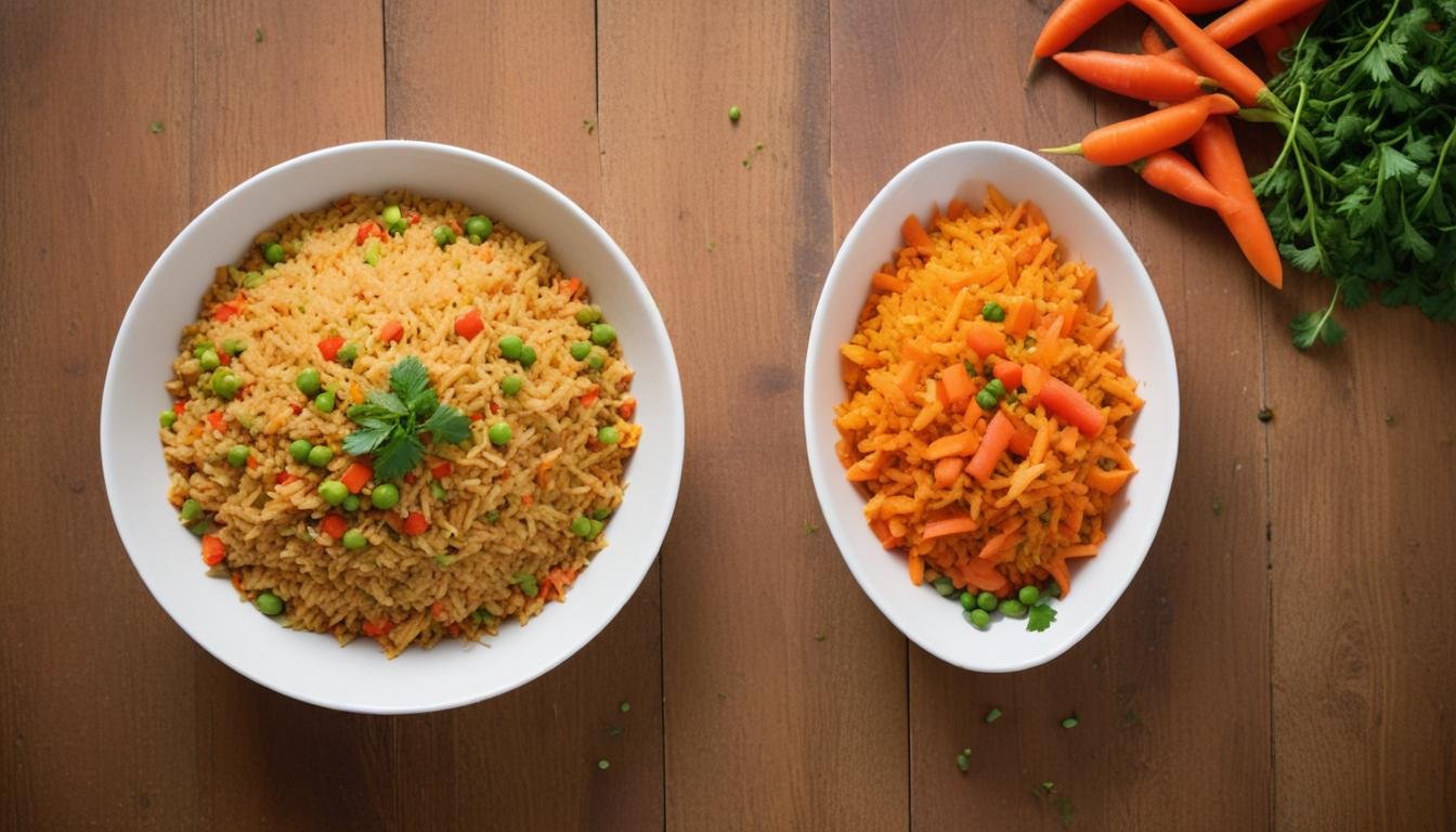 Arroz Integral Colorido soltinho com cenoura ralada, ervilha verde e pimentão vermelho em tigela branca, finalizado com salsinha fresca