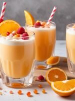 Vitamina Campeã de frutas cremosa em copo alto, cor laranja-rosada, com banana, maçã, cenoura e pêssego