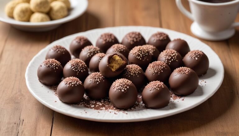 Docinho rápido de café enrolado em granulado de chocolate servido em pratinho branco