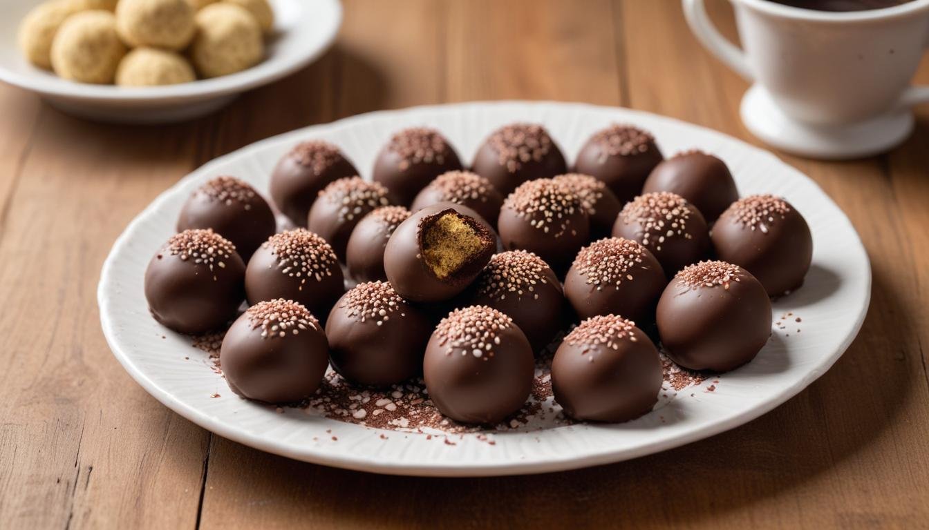 Docinho rápido de café enrolado em granulado de chocolate servido em pratinho branco