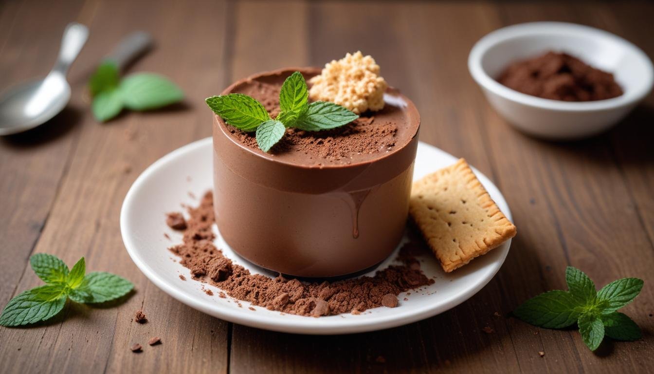 Mousse de chocolate na air fryer servido como lanche em ramequin branco com base crocante de biscoito e raspas de chocolate por cima