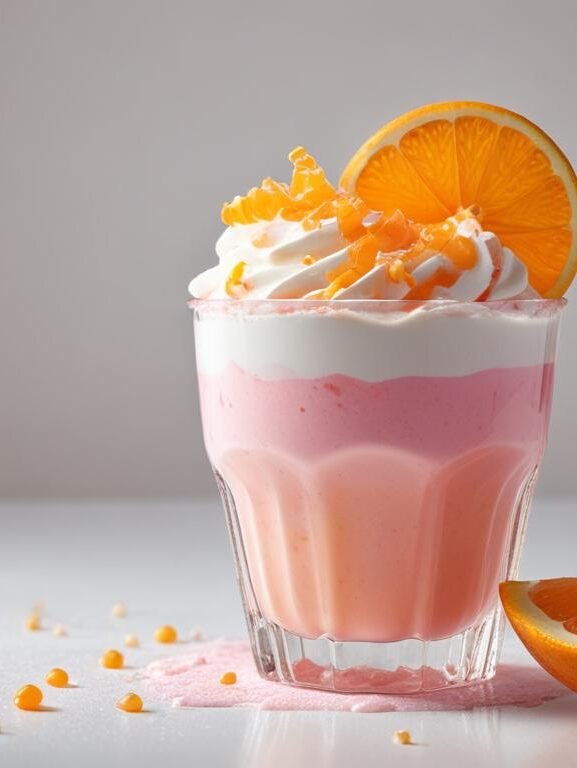 Gelatina rosa cremosa com leite condensado servida em taça transparente com raspas de laranja