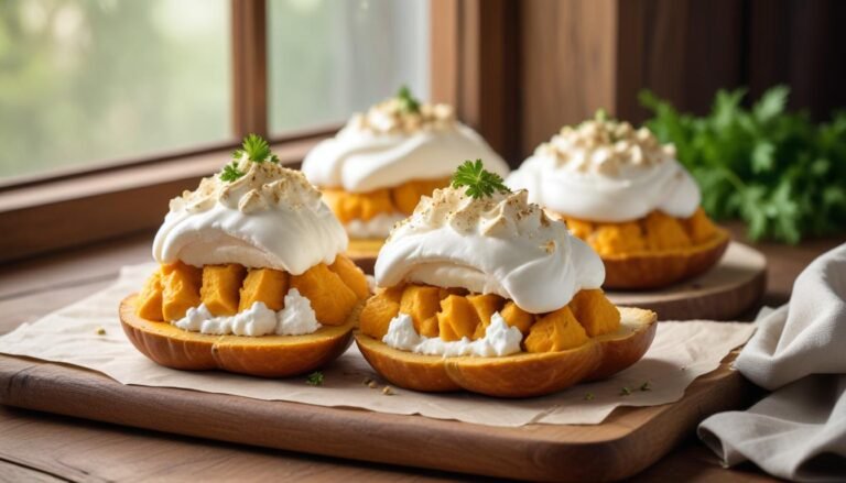 Abóbora japonesa recheada com maionese light, peito de peru e queijo minas, gratinada com cobertura dourada de claras em neve, servida em tábua rústica