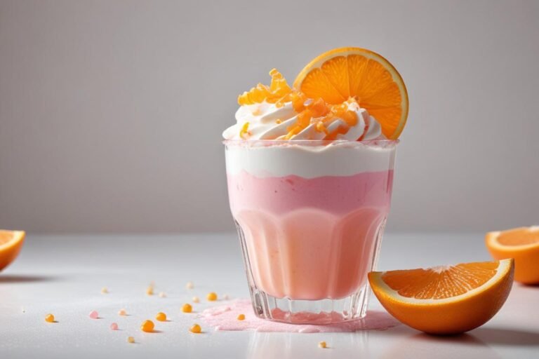 Gelatina rosa cremosa com leite condensado servida em taça transparente com raspas de laranja