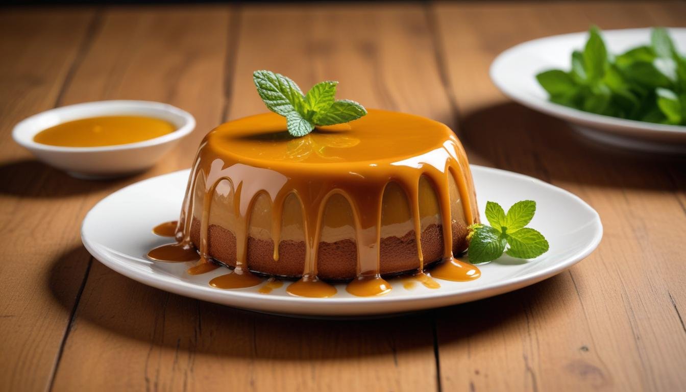 Pudim de leite condensado cremoso e brilhante com calda de caramelo dourada escorrendo, servido em prato branco sobre mesa de madeira