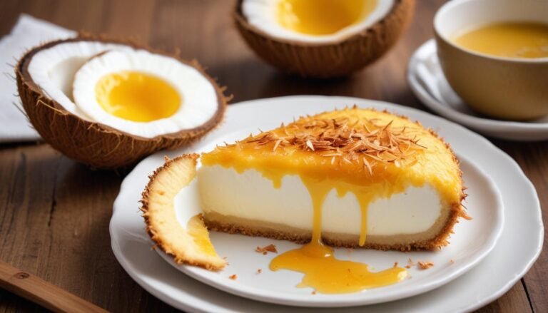 Quindão fácil tradicional brasileiro inteiro e fatiado em prato branco, mostrando a crosta dourada de coco e o interior amarelo e úmido