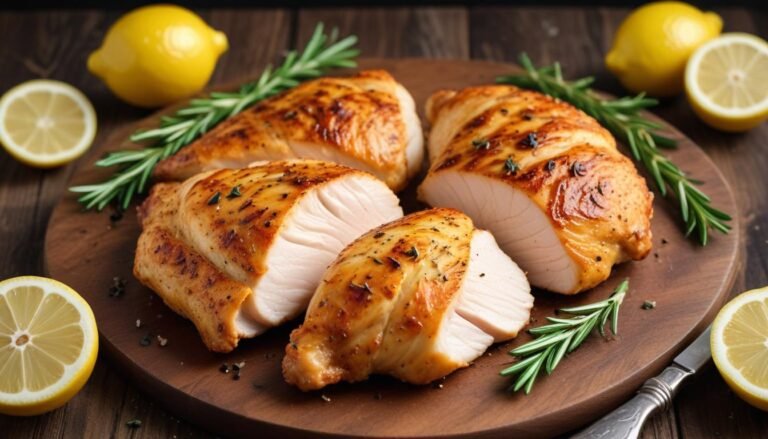 Filé de frango air fryer para jantar dourado e suculento, fatiado sobre tábua de madeira com limão e alecrim