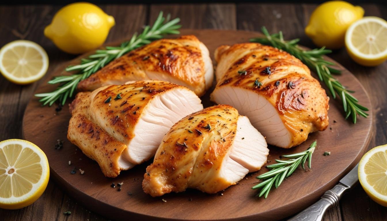 Filé de frango air fryer para jantar dourado e suculento, fatiado sobre tábua de madeira com limão e alecrim