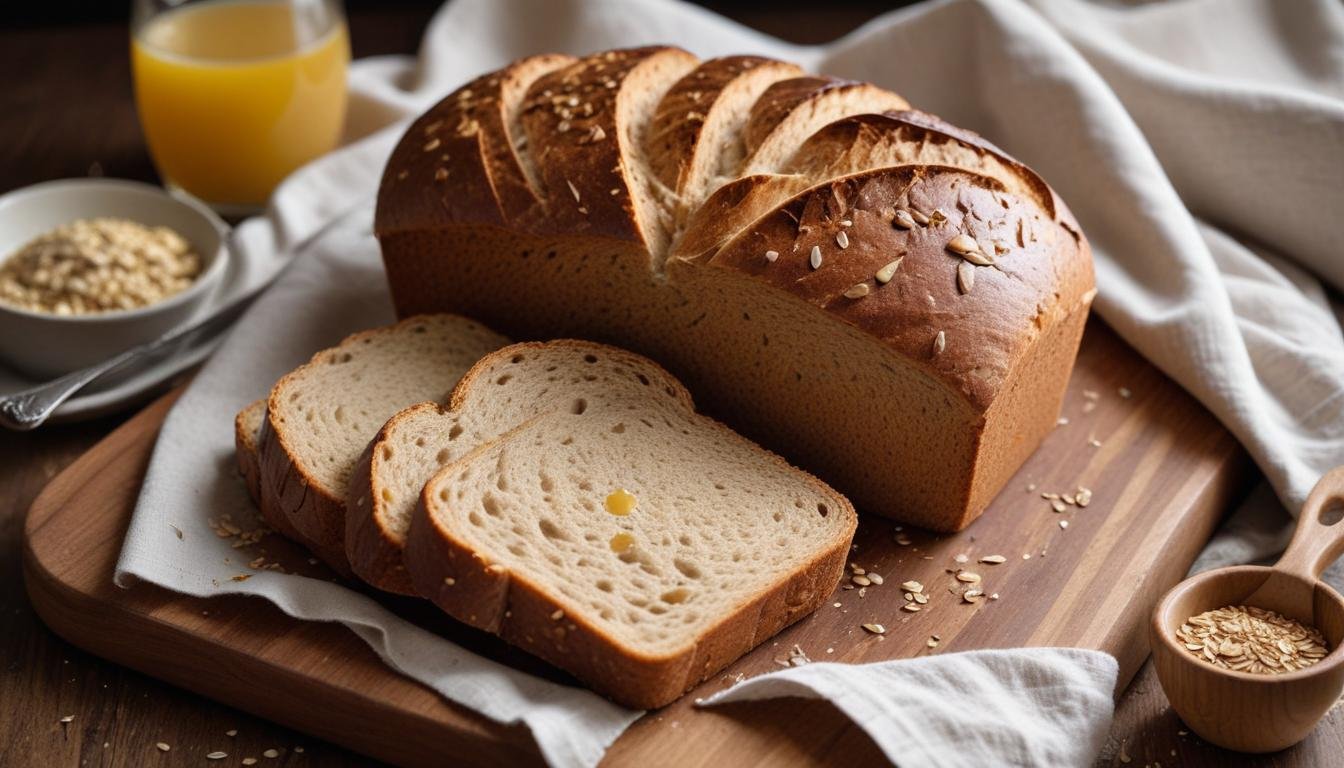 Pão integral caseiro fatiado sobre tábua de madeira, mostrando o miolo macio com aveia e linhaça