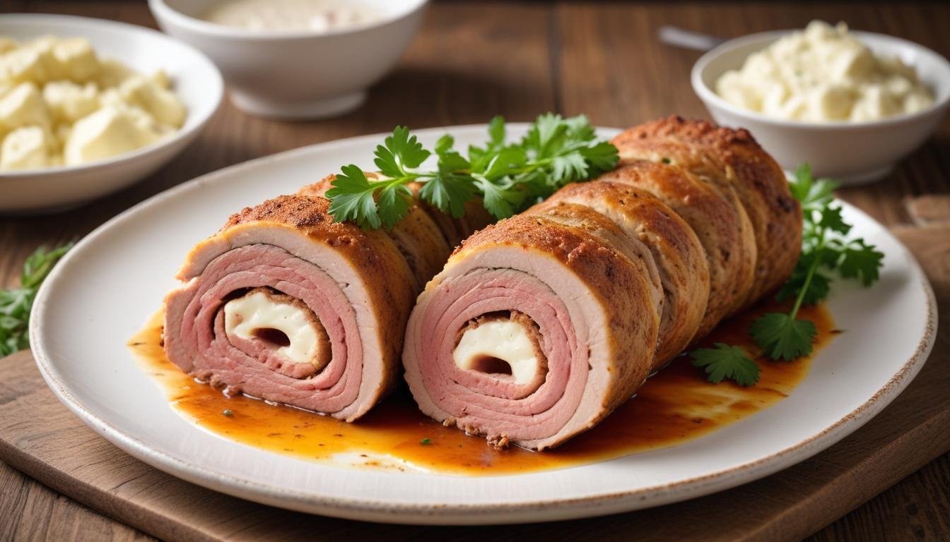 Rocambole de carne rápido fatiado mostrando recheio de presunto e mussarela derretida