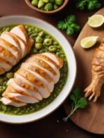 frango grelhado sem açúcar para lanche cortado em tiras sobre tábua de madeira com salsinha e limão