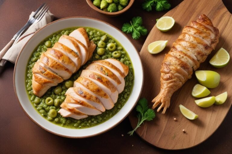 frango grelhado sem açúcar para lanche cortado em tiras sobre tábua de madeira com salsinha e limão