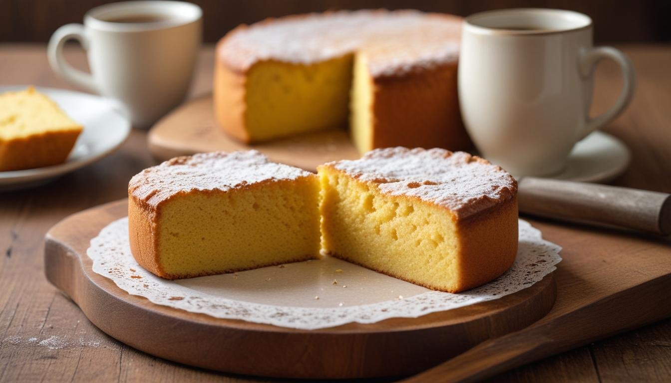 Fatia de bolo de fubá da Vó Maria com interior fofinho e amarelo dourado, servido sobre tábua de madeira rústica