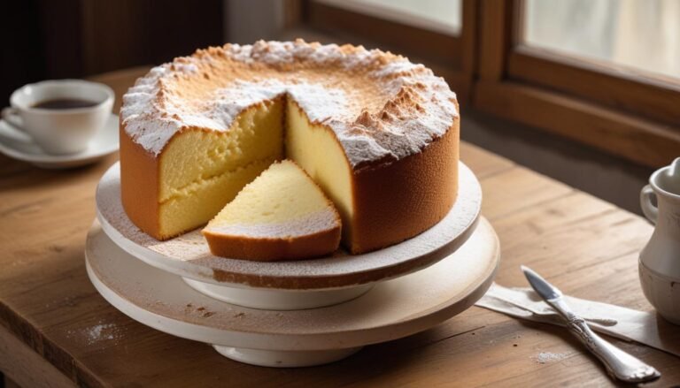 Bolo Fofinho da Vó Maria fatiado em um prato branco, com textura macia e leveza visível, polvilhado com açúcar de confeiteiro