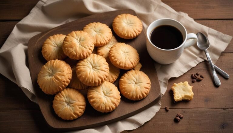 Biscoito de polvilho crocante e dourado em tábua de madeira rústica com xícara de café ao lado