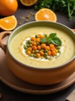 Sopa de legumes na air fryer servida em tigela de cerâmica com salsinha fresca e fio de azeite