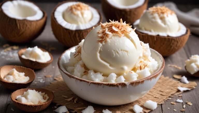 Sorvete de coco cremoso caseiro servido em cumbuca com coco ralado tostado por cima