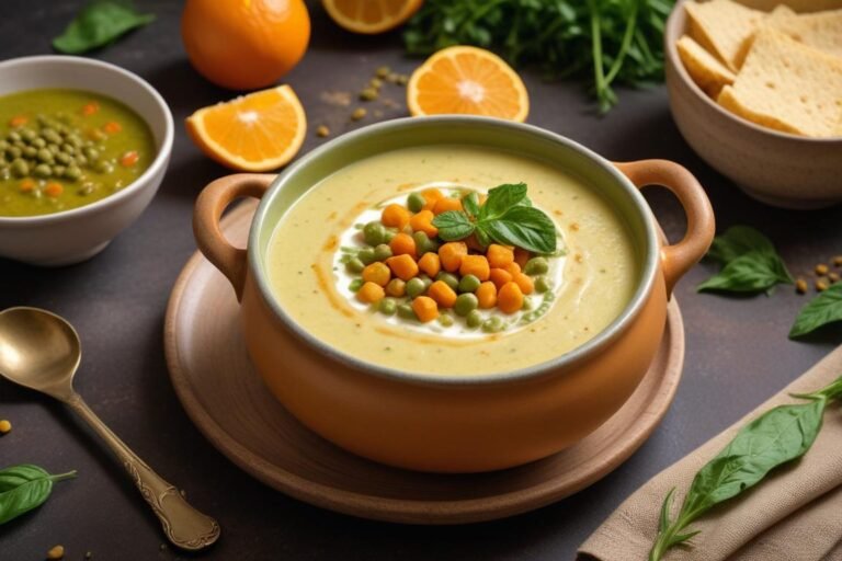 Sopa de legumes na air fryer servida em tigela de cerâmica com salsinha fresca e fio de azeite