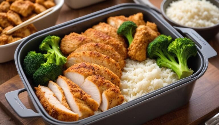 Filé de frango air fryer para marmita dourado e suculento, fatiado e servido com arroz e brócolis em pote de vidro