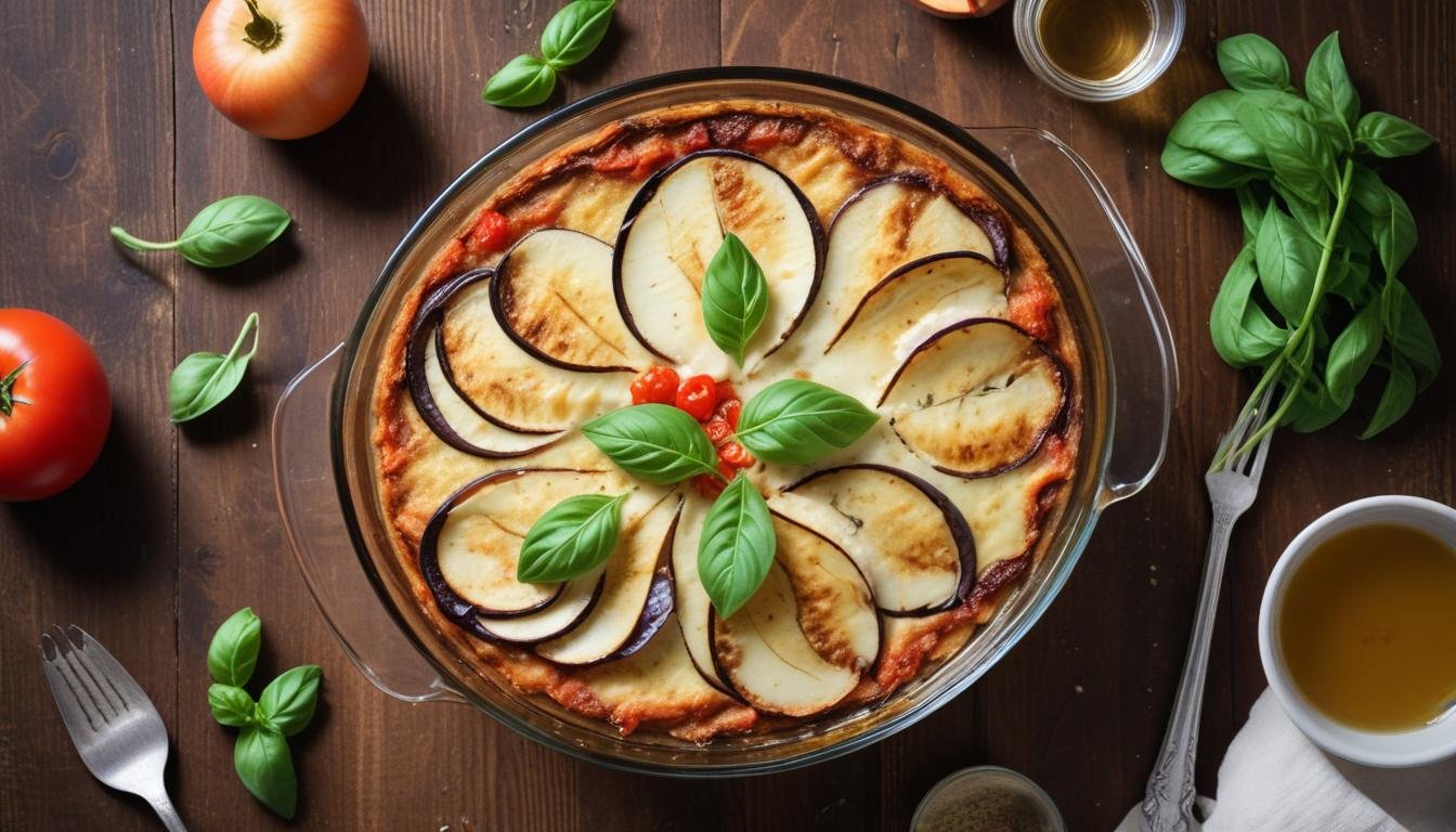 Berinjela light sem sal gratinada com queijo mussarela light, tomate e cebola em refratário de vidro