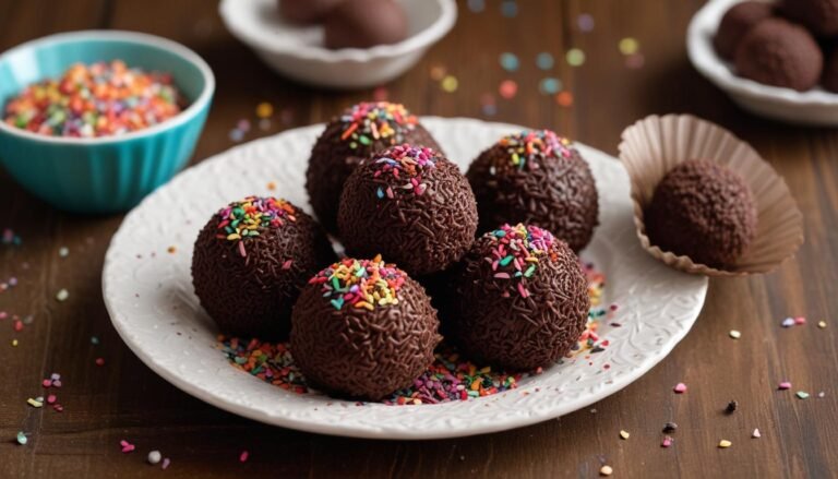 Brigadeiro tradicional cremoso enrolado no granulado de chocolate disposto em forminhas coloridas sobre prato branco