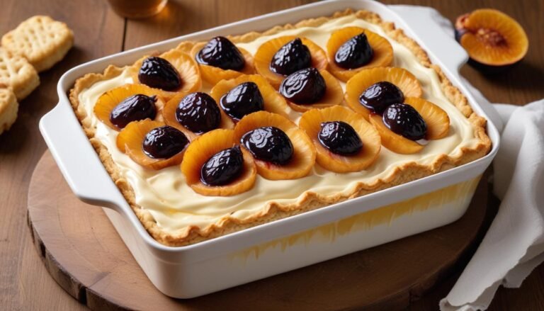 Pavê simples mas delicioso com camadas de biscoito champagne, creme suave e ameixas em refratário branco