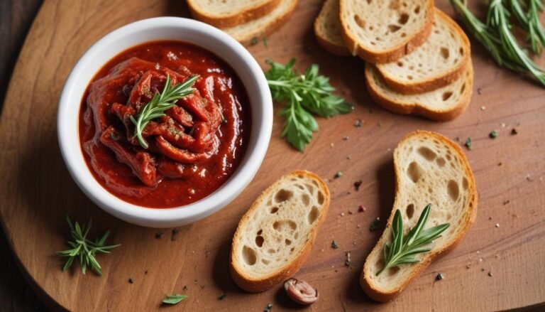 Sardela rápida cremosa de pimentão vermelho e aliche servida em tigela rústica com torradas ao lado