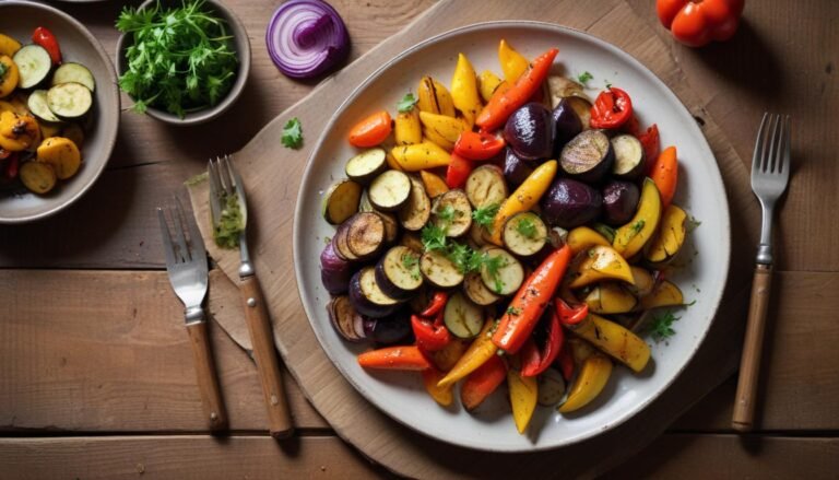 Legumes grelhados coloridos com marcas de grelha douradas, temperados com azeite e salsinha fresca em prato rústico