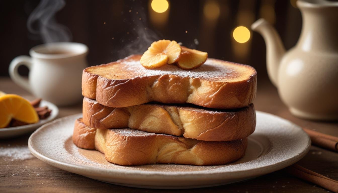 Rabanadas caseiras douradas polvilhadas com açúcar e canela empilhadas em prato rústico