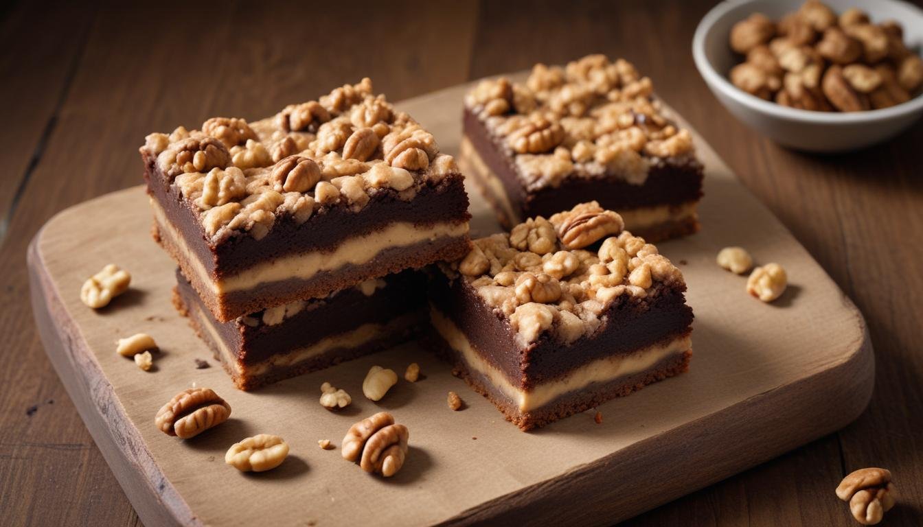 Creme de nozes fatiado em pedaços, com nozes inteiras por cima e textura cremosa por dentro, sobre tábua de madeira rústica