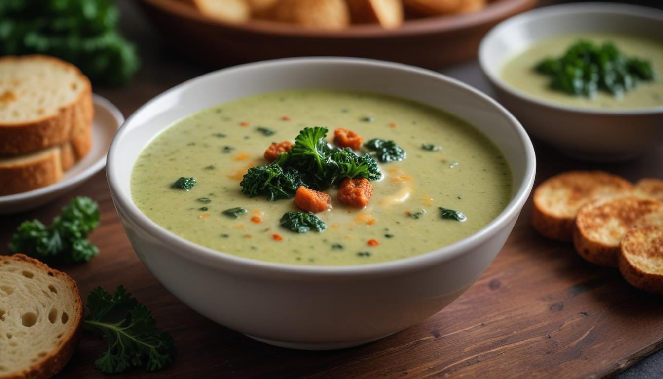 Caldo verde air fryer marmita cremoso com linguiça crocante e couve-manteiga fatiada em tigela rústica