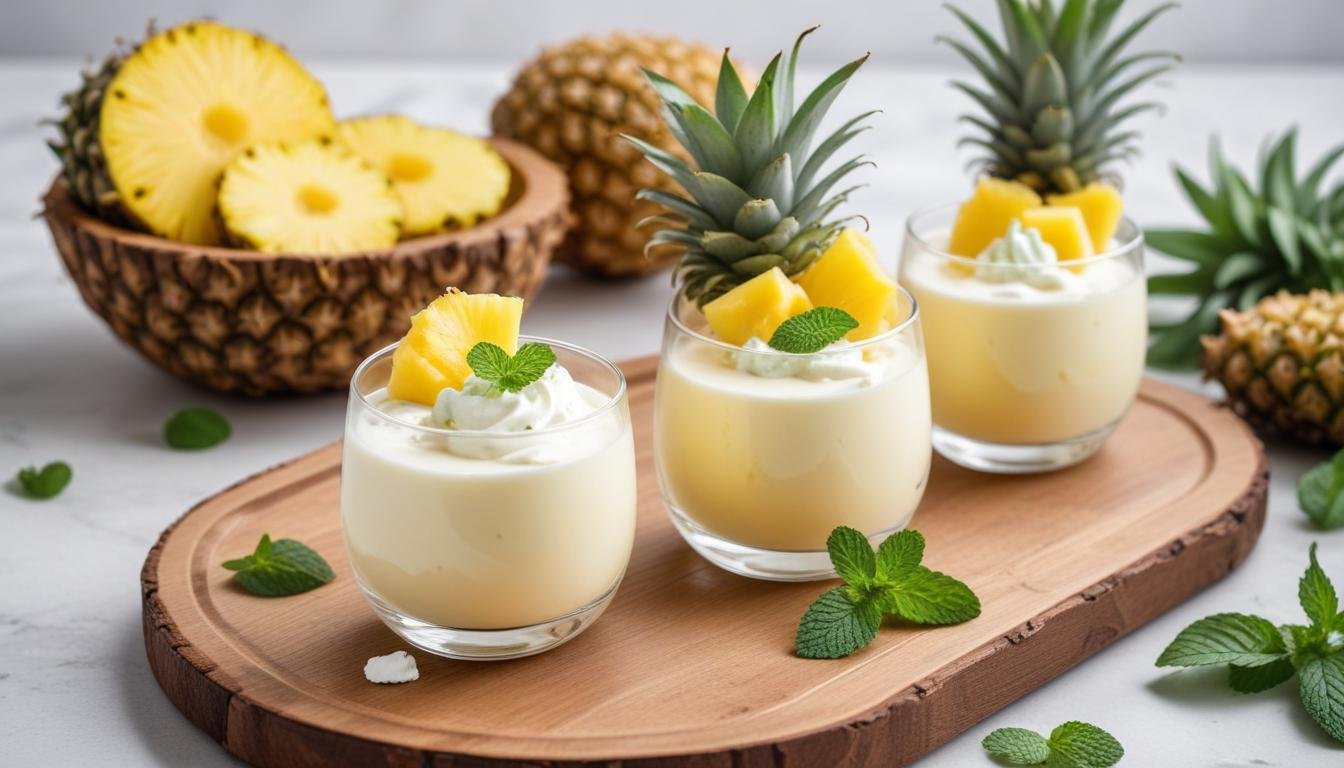 Mousse de abacaxi light cremosa servida em taças de vidro com fatias de abacaxi fresco e folhas de hortelã