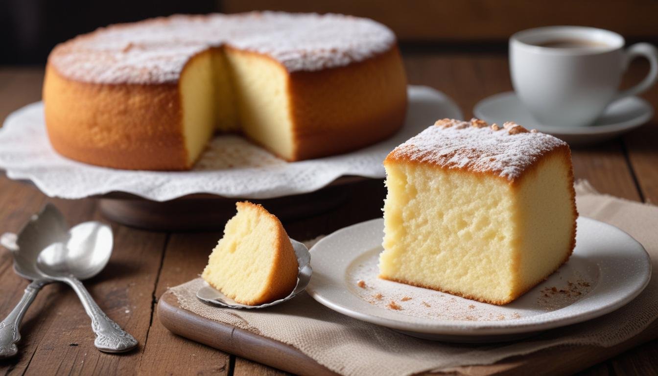 Bolo de leite fofinho fatiado polvilhado com açúcar de confeiteiro sobre mesa de madeira rústica