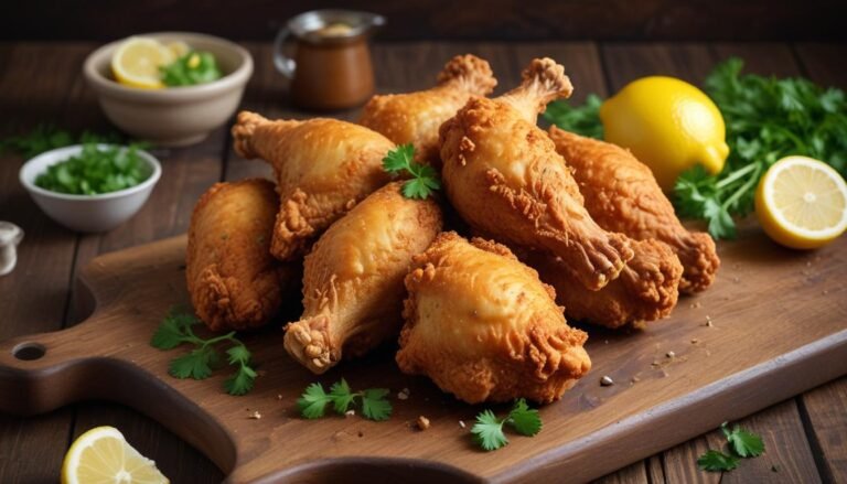 Frango fácil e diferente inteiro dourado e crocante servido em tábua de madeira com fatias de limão