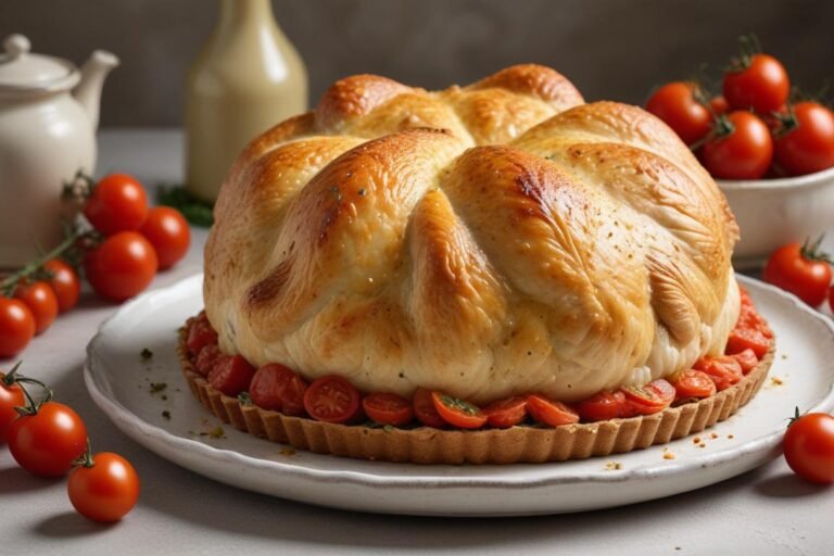 fatia de torta de frango simples caseira com massa dourada e recheio de frango desfiado com milho e ervas