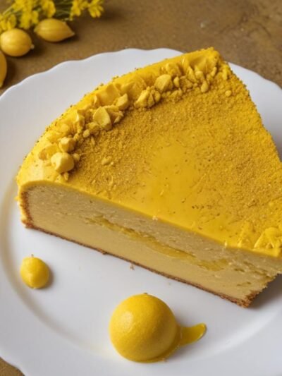 Fatia de bolo de fubá caipira amarelo e fofinho em prato branco com erva-doce na massa