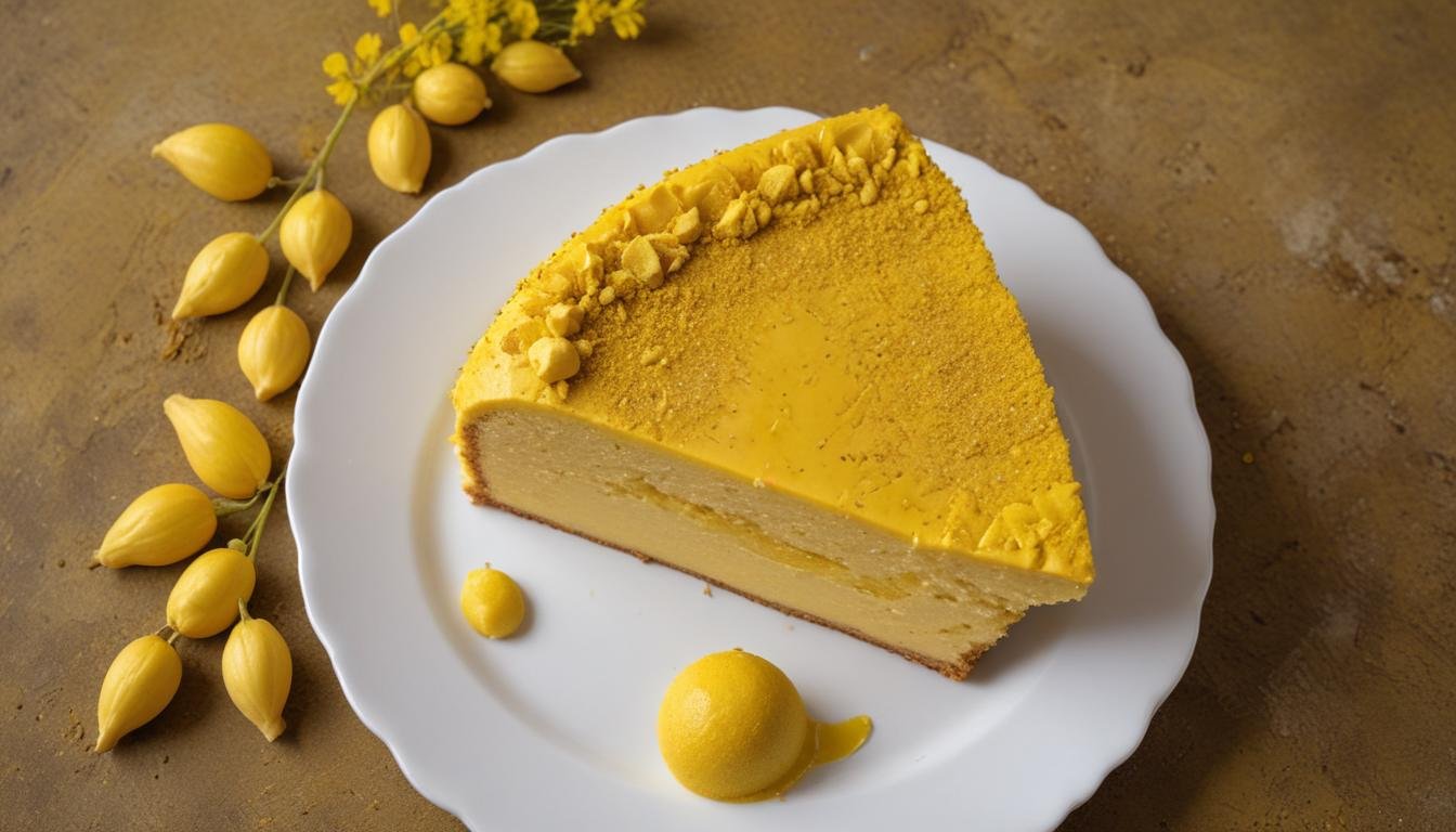 Fatia de bolo de fubá caipira amarelo e fofinho em prato branco com erva-doce na massa