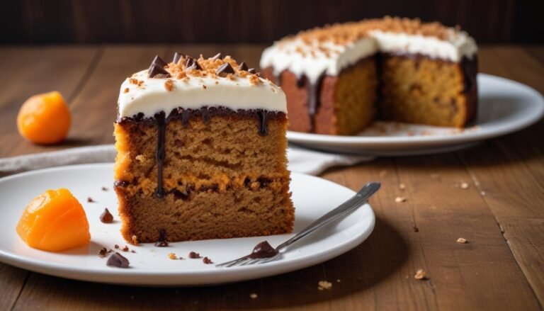 Fatia de bolo de cenoura fofinho com cobertura de chocolate cremosa em prato branco