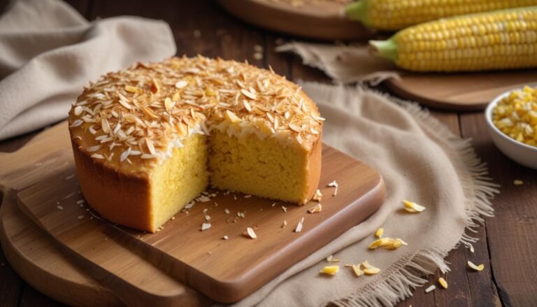 Bolo de milho verde fofinho fatiado sobre tábua de madeira, com coco ralado por cima e espigas de milho ao fundo