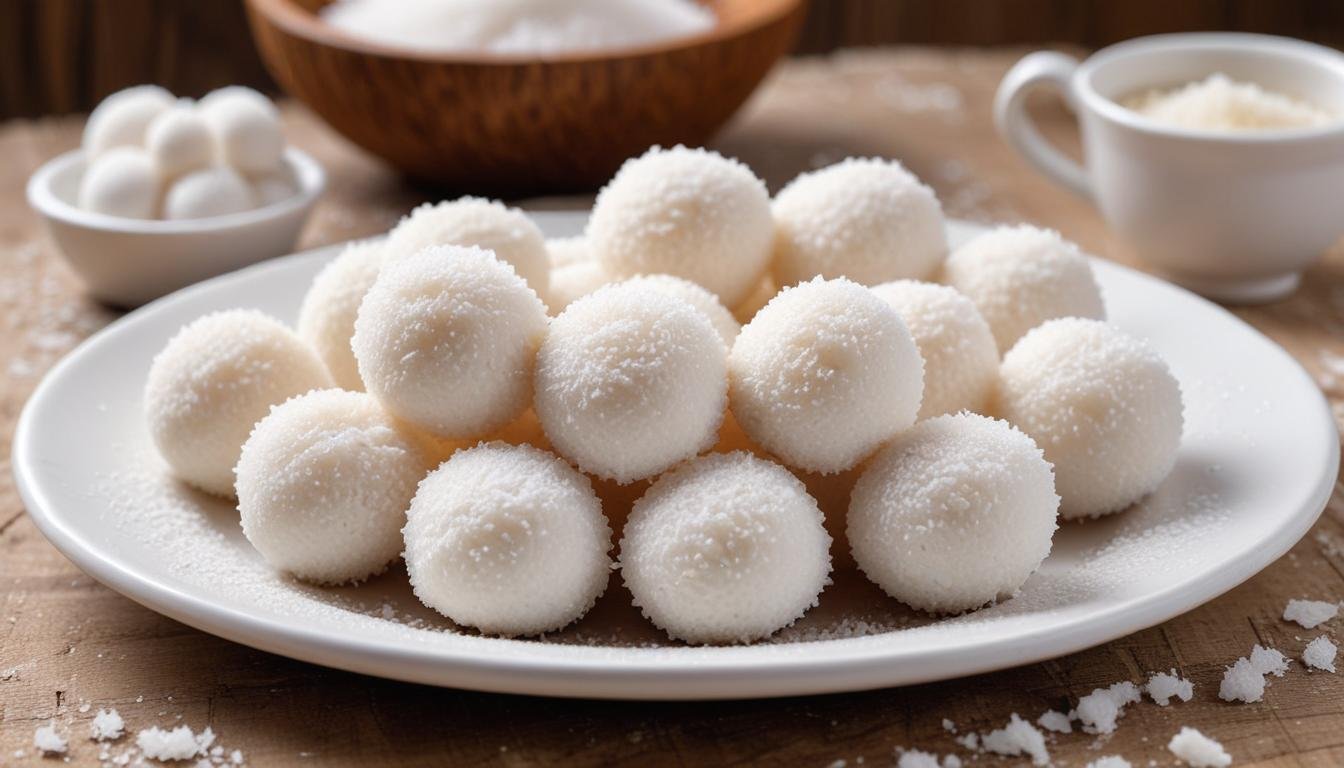 Beijinho de coco tradicional em bolinhas brancas passadas no açúcar cristal com cravo-da-índia no topo, dispostos em prato branco
