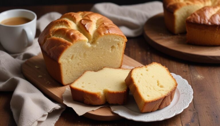 Fatias de bolo de leite fofinho e dourado sobre tábua de madeira rústica, com xícara de café ao lado