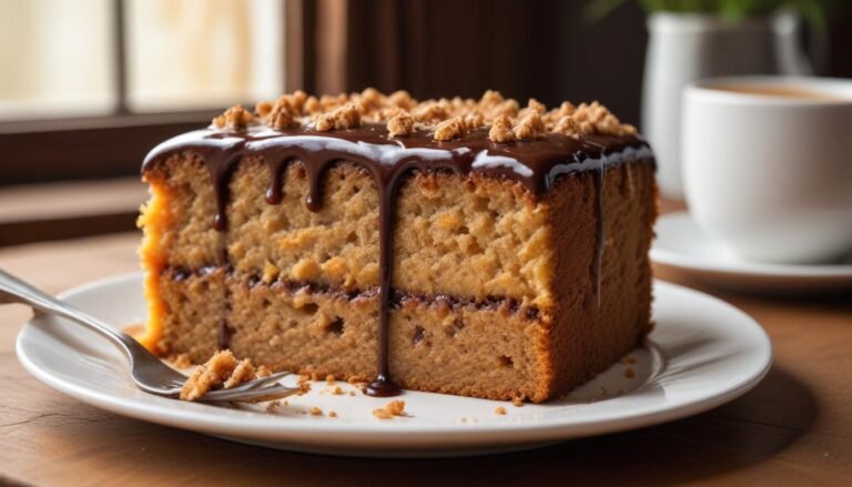 Fatia de bolo de cenoura fofinho com cobertura de chocolate cremosa escorrendo pelas laterais, servida em prato branco sobre mesa de madeira