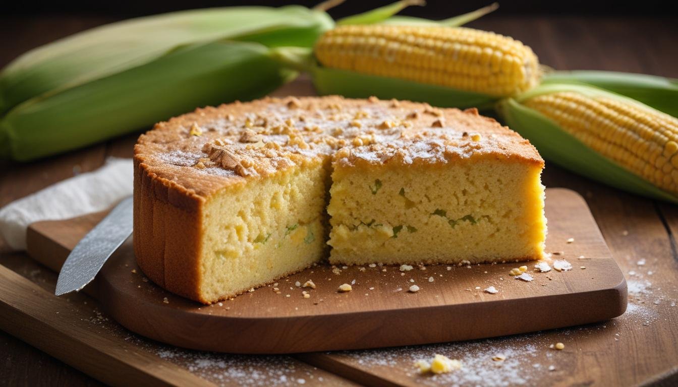 Fatia de bolo de milho verde fofinho e dourado sobre tábua de madeira rústica, com espigas de milho ao fundo