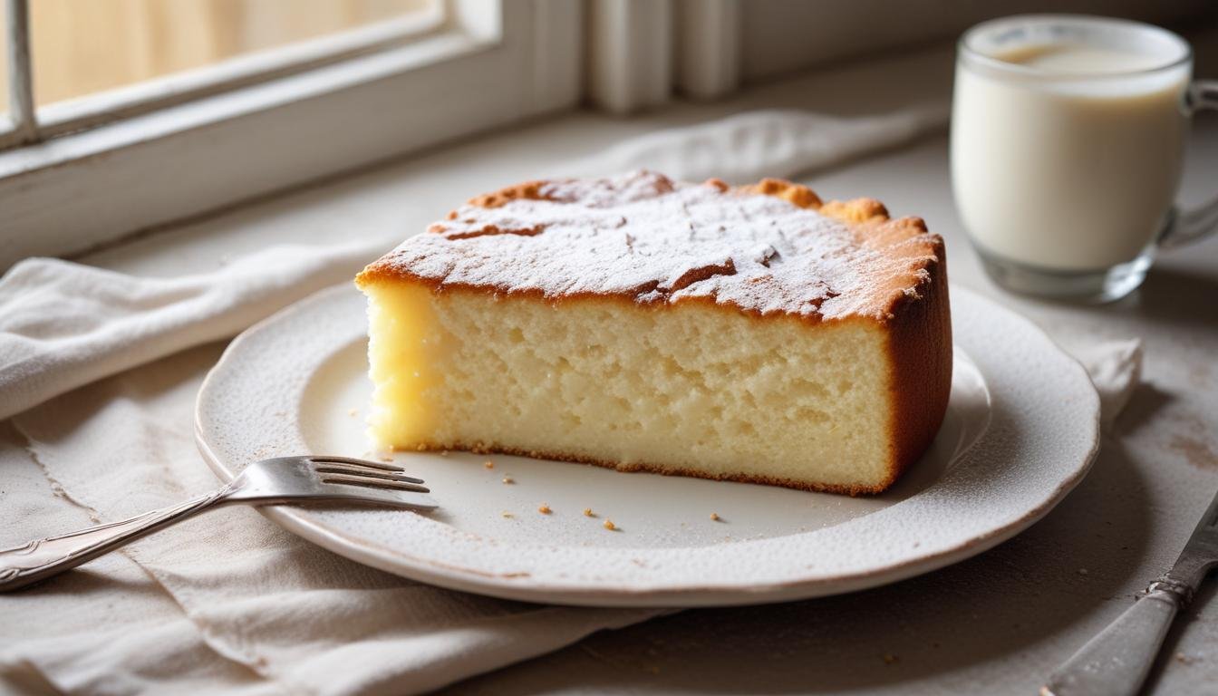 Fatia de bolo de leite fofinho polvilhado com açúcar de confeiteiro sobre prato branco rústico