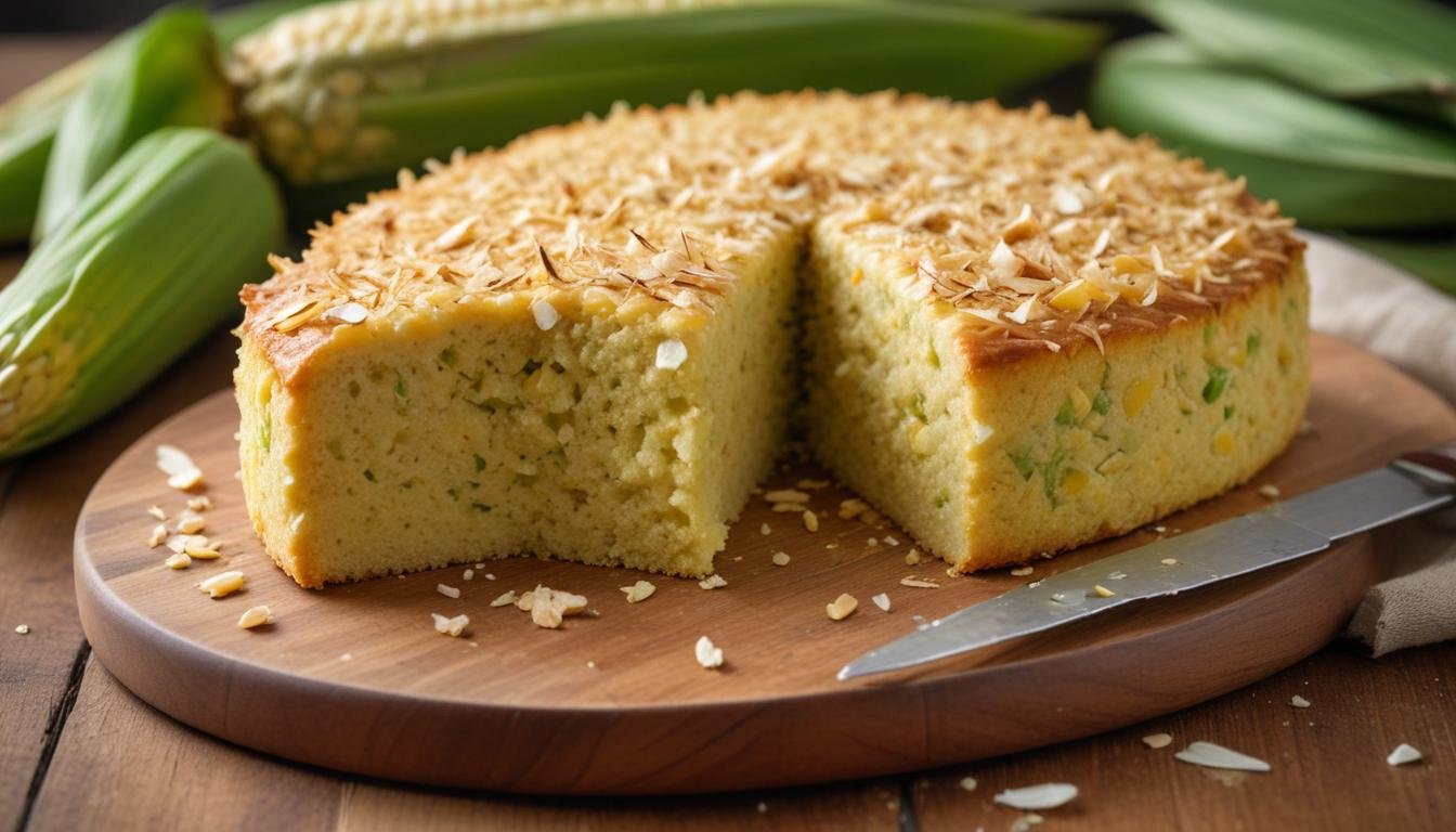 Fatia de bolo de milho verde fofinho com interior úmido e amarelo, coberto com coco ralado, sobre tábua de madeira rústica