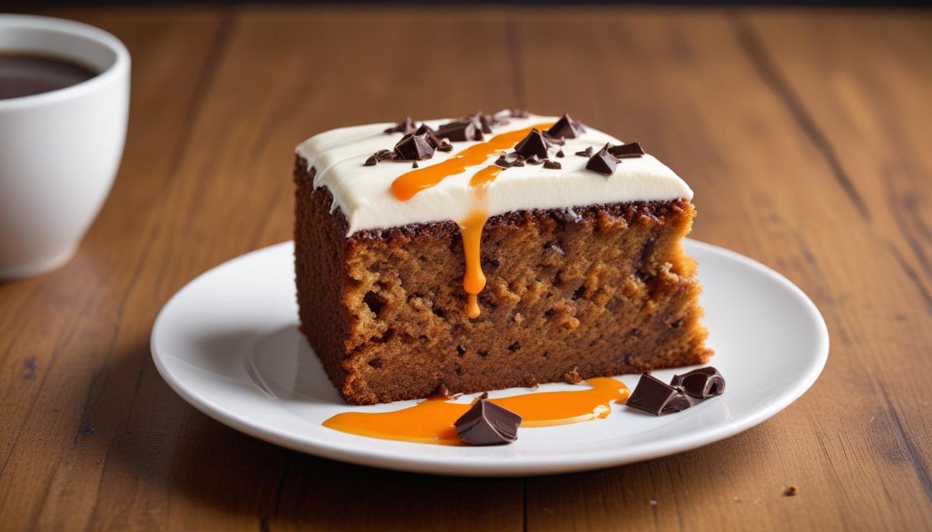 Fatia de bolo de cenoura fofinho com cobertura de chocolate cremosa escorrendo pelas bordas, servida em prato branco