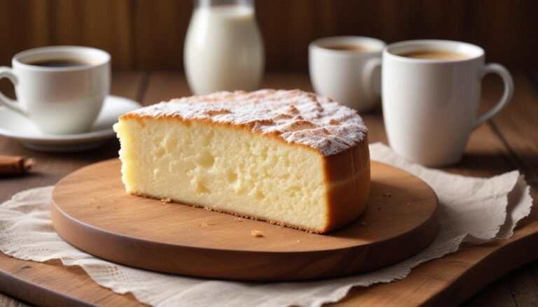 Fatias de bolo de leite fofinho com casca dourada sobre tábua de madeira rústica
